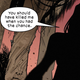 A cyborg Moira MacTaggart towers in shadows in a forest.